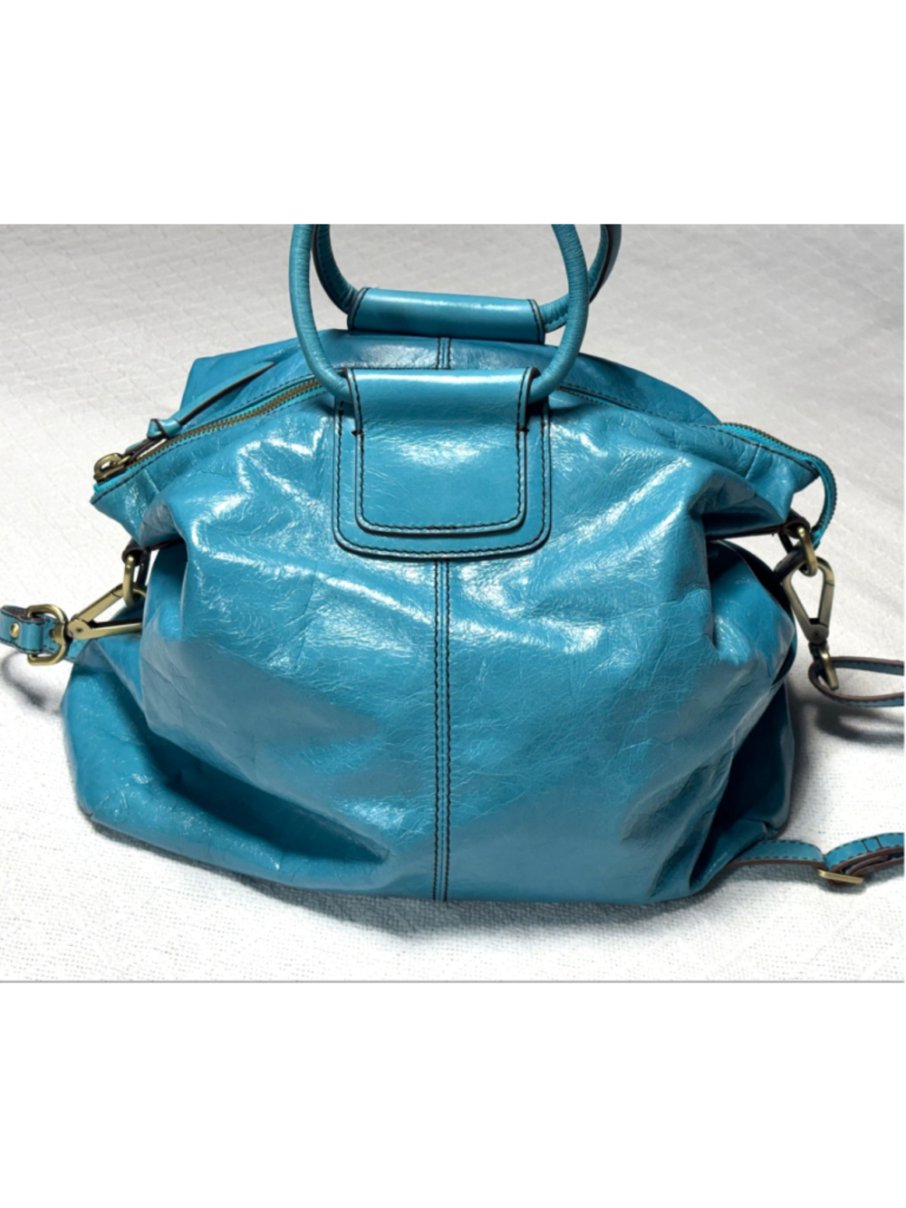 Hobo Sheila Teal Polished Crinkle Leather Large Slouchy Carryall Boho Bag EUC